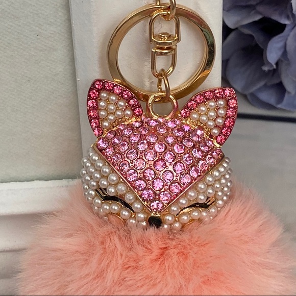 Crystal & Pearl Fox Pale Pink Pom Pom Keychain - Picture 9 of 16